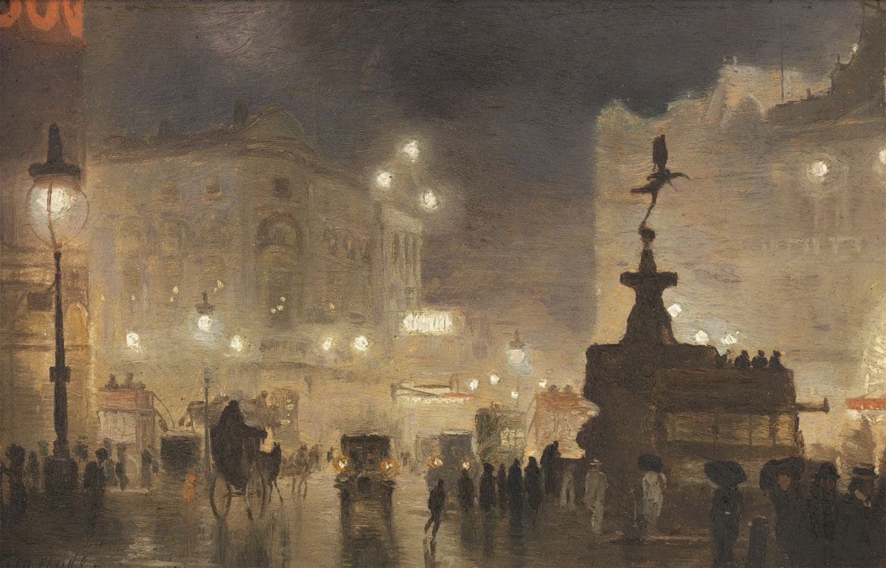 Hyde-Pownall G.  | George Hyde-Pownall, Piccadilly Circus by night, Öl auf Malereifaser 15,0 x 23,2 cm, Unterzeichnet u.L. und verso