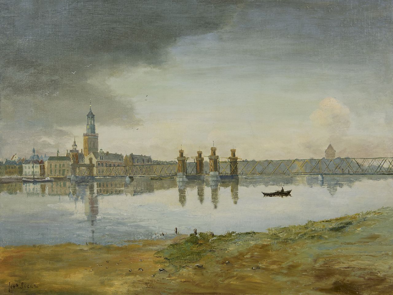 Johannes Boele | Stadtansicht von Kampen mit der Alten IJsselbrücke, Öl auf Leinwand, 60,3 x 80,2 cm, Unterzeichnet u.L.