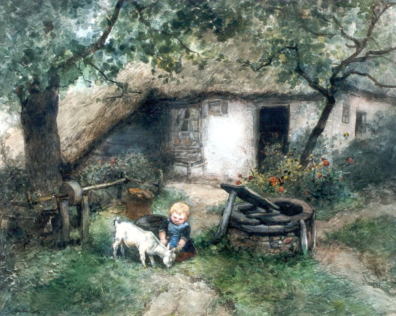 Kate J.M.H. ten | Johan 'Mari' Henri ten Kate, Gir feeding a goat, Aquarell auf Papier 37,0 x 49,0 cm, signed l.l.