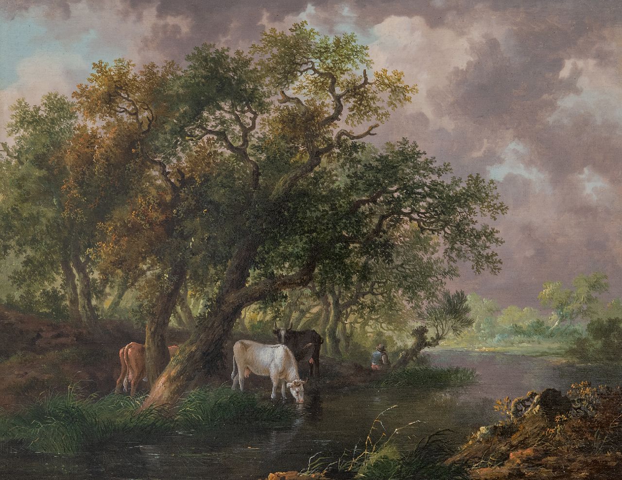 Renard F.T.  | Fredericus Theodorus Renard | Gemälde zum Verkauf angeboten | Trinkendes Vieh an einem Fluss, Öl auf Holz 26,5 x 34,3 cm, Unterzeichnet (unklar) verso auf Etikett und zu datieren um 1815