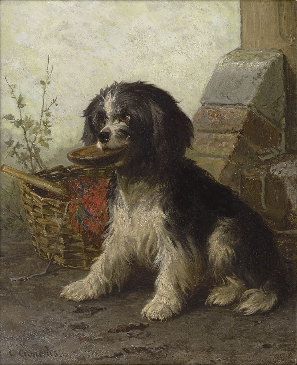 Cunaeus C.  | Conradijn Cunaeus, Schäferhund bei dem Korb, Öl auf Holz 34,2 x 28,5 cm, Unterzeichnet u.l.