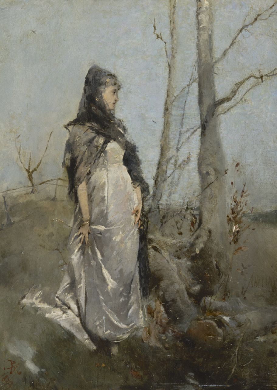 Haaxman P.A.  | Pieter Alardus Haaxman | Gemälde zum Verkauf angeboten | Frau in einer Landschaft, Öl auf Holz 34,0 x 25,5 cm, Unterzeichnet u.l. mit Monogramm und datiert 1879