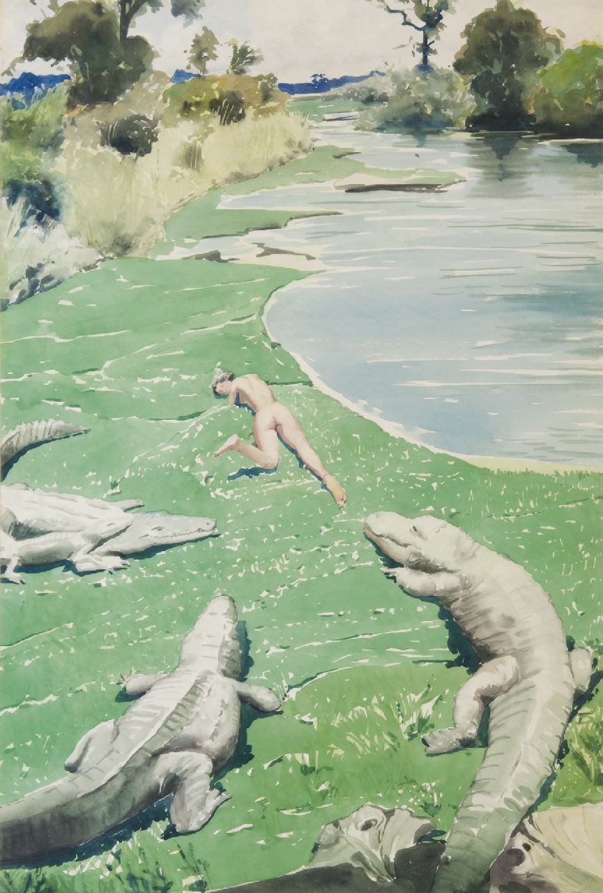 Kloos C.  | Cornelis Kloos | Aquarelle und Zeichnungen zum Verkauf angeboten | Alligatoren, Aquarell auf Papier 59,9 x 40,4 cm, Unterzeichnet u.r. und datiert '51