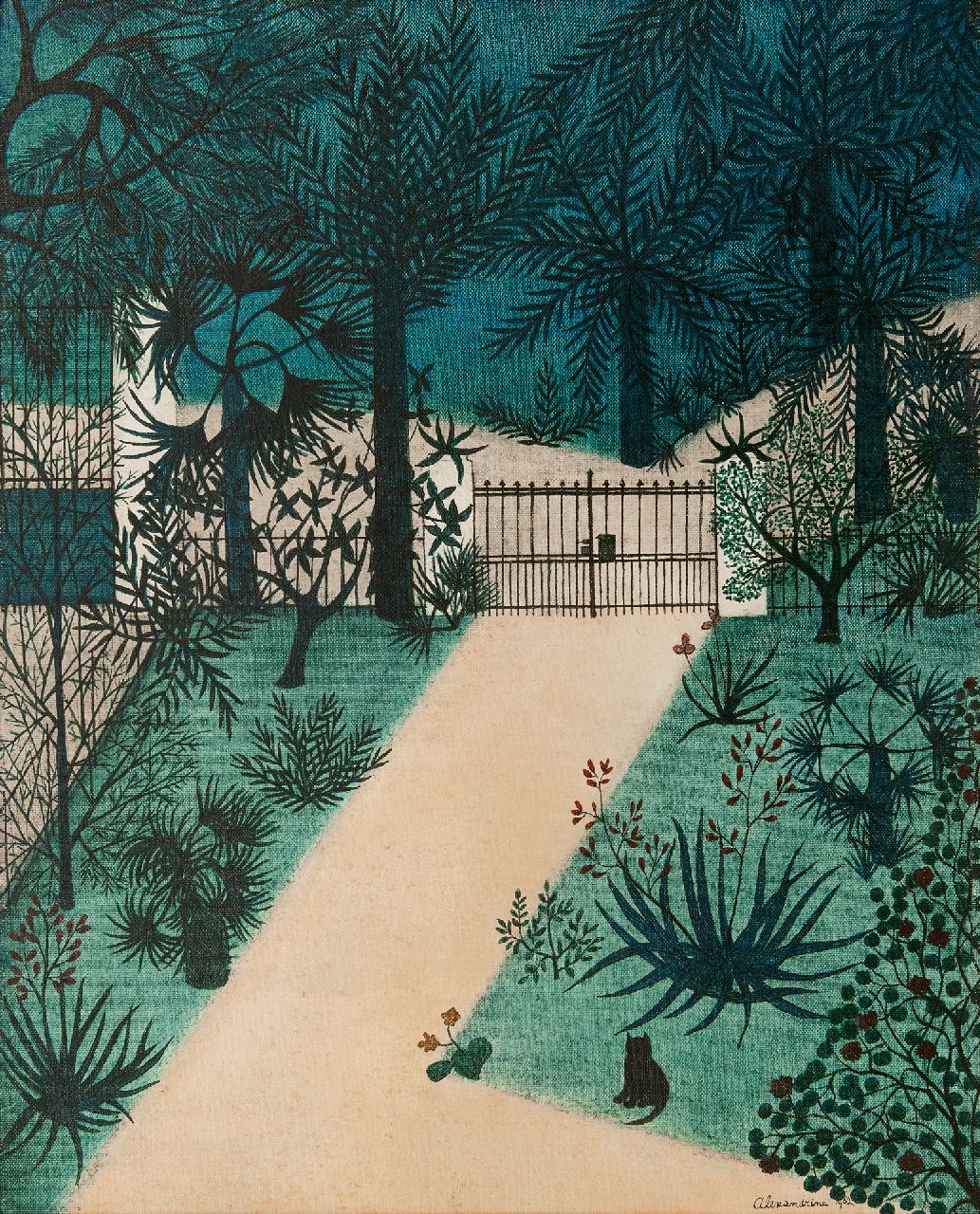 Kelder-Gortmans A.  | Alexandrine Kelder-Gortmans, Garten mit Katze, Öl auf Leinwand  auf Holzfaser 50,0 x 39,9 cm, Unterzeichnet u.r. und datiert 1962