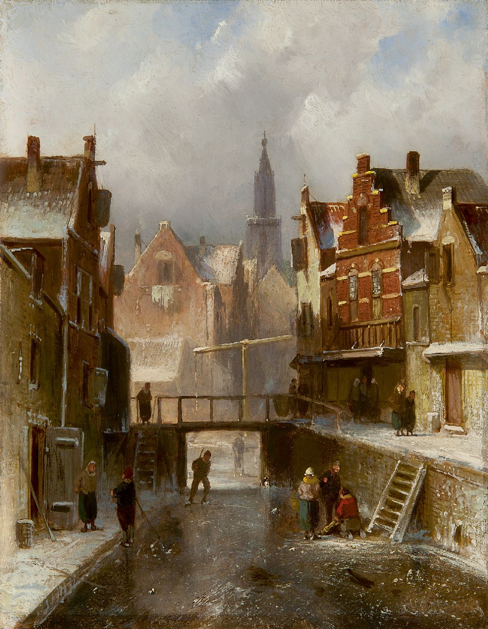 Leickert C.H.J.  | 'Charles' Henri Joseph Leickert, Eisszene auf der Stadtgracht von Amsterdam, Öl auf Holz 27,0 x 20,9 cm, Unterzeichnet r.u. ( unklar)