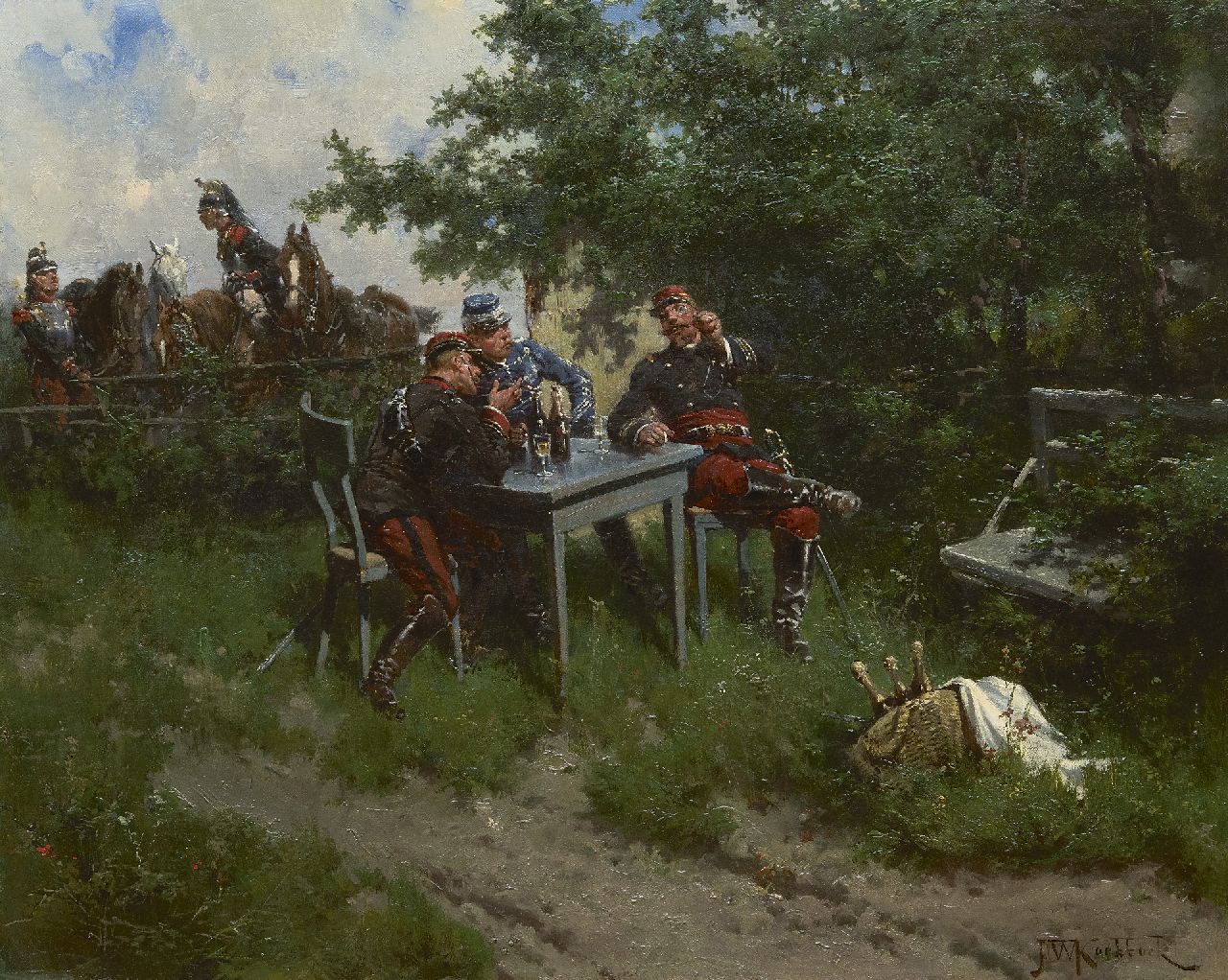 Koekkoek H.W.  | Hermanus Willem Koekkoek, Französische Offiziere bei der Champagnerverkostung, Öl auf Leinwand 43,5 x 53,2 cm, Unterzeichnet u.r. und zu datieren in 1892