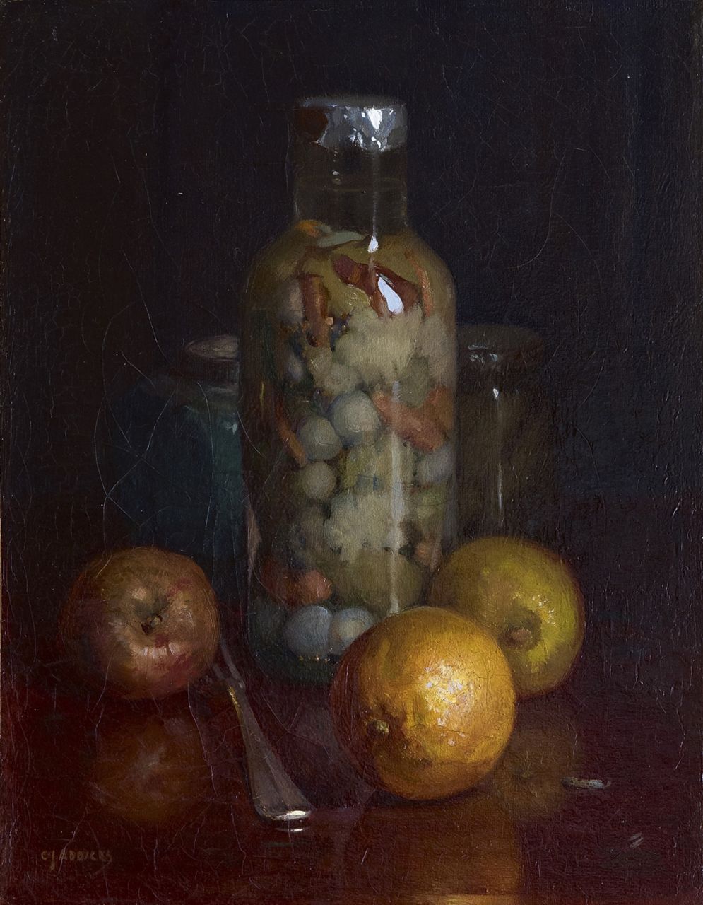 Addicks C.J.  | 'Christiaan' Johannes Addicks, Stilleben mit Einmachglas und Obst, Öl auf Leinwand 35,8 x 27,8 cm, Unterzeichnet u.l.