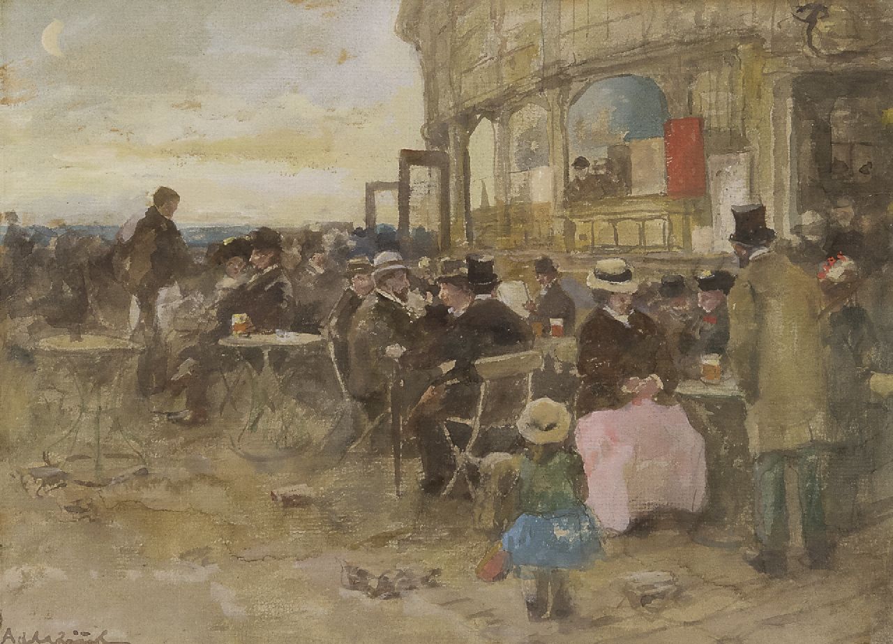 Rivière A.P. de la | Adrianus Philippus 'Adriaan' de la Rivière, Elegante Figuren auf einer Terrasse, Aquarell auf Papier 21,2 x 28,3 cm, Unterzeichnet u.L.