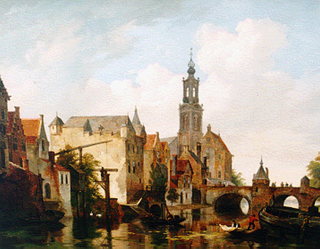 Hove B.J. van | Bartholomeus Johannes 'Bart' van Hove, A town along a river, Öl auf Holz 39,3 x 45,5 cm, signed l.r.