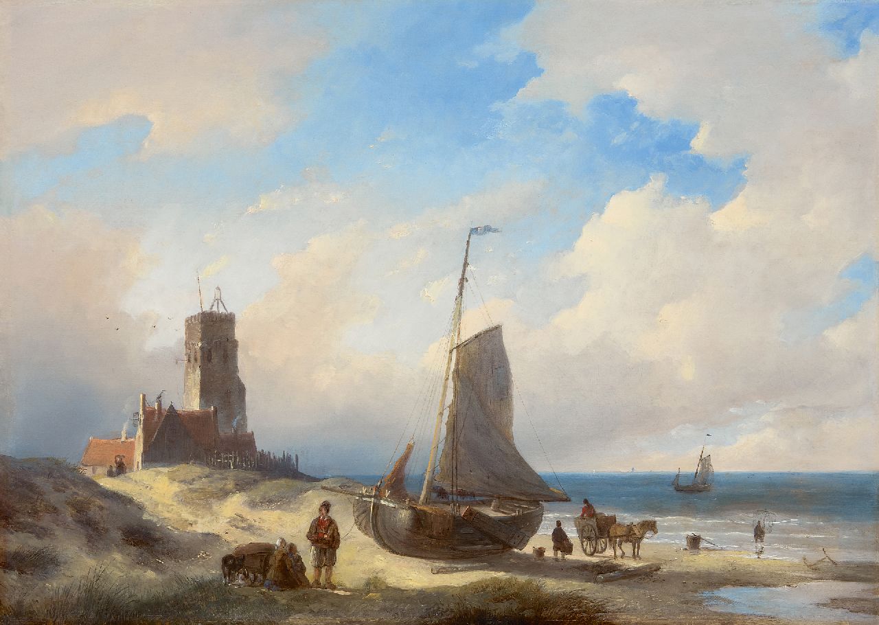 Spohler J.J.  | Jan Jacob Spohler, Strandansicht bei leuchtturm Katwijk, Öl auf Holz 46,8 x 64,9 cm, Unterzeichnet u.l.