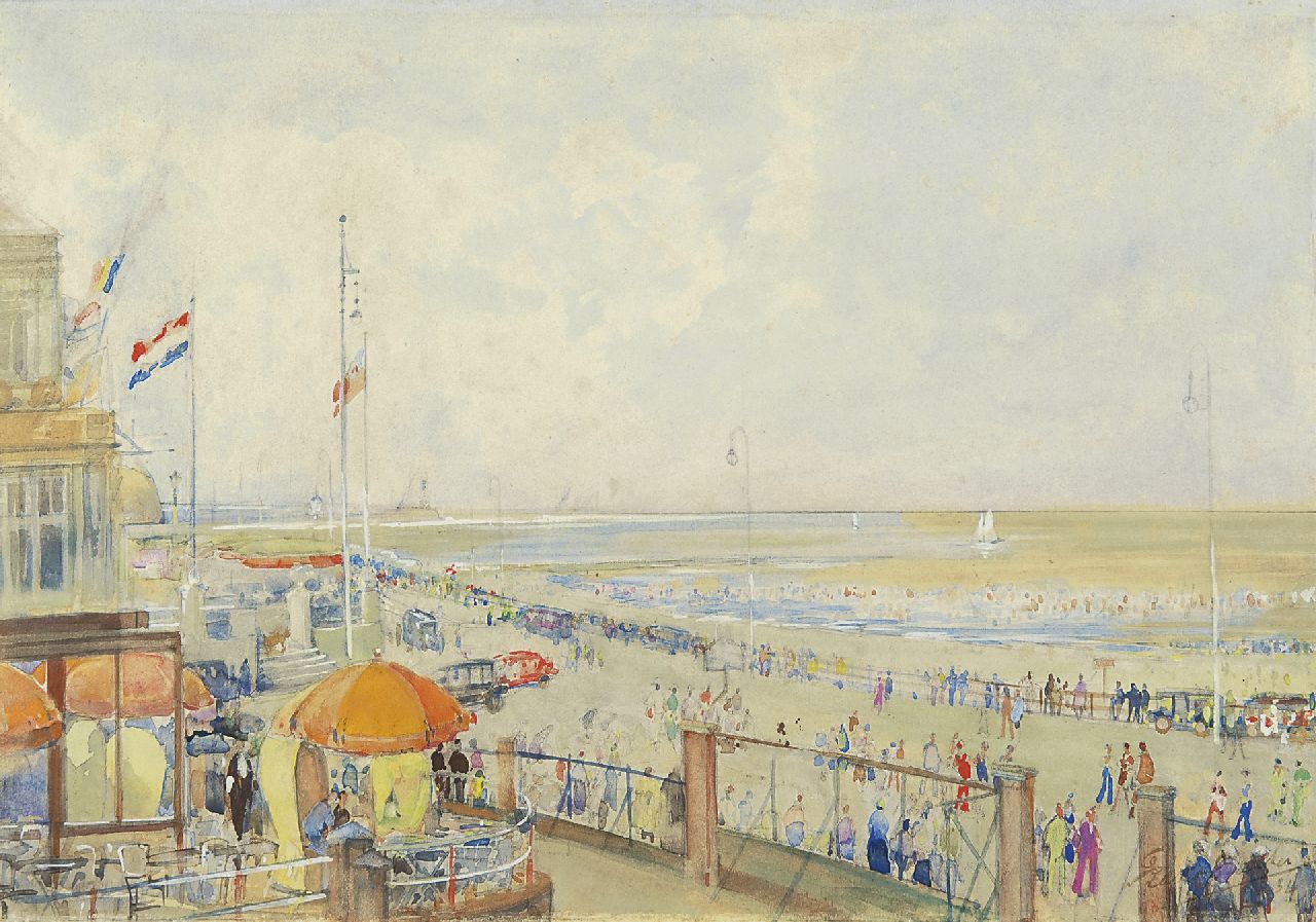 Bakker F.  | Frans Bakker, Sommerliches Scheveningen, Aquarell auf Papier 24,0 x 34,1 cm, Unterzeichnet r.u. und datiert '34