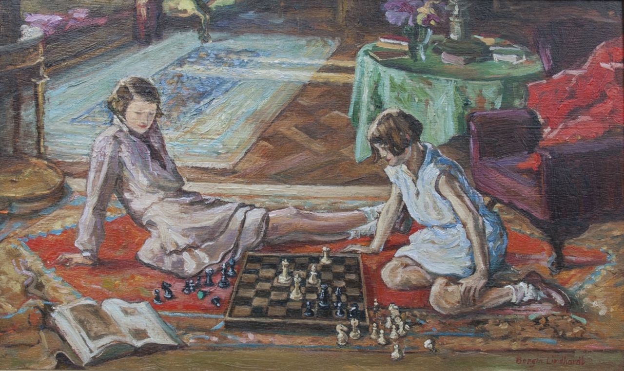 Sacha Borgen Lindhardt | Schachspielen, Öl auf Holz, 25,1 x 42,2 cm, Unterzeichnet u.R.