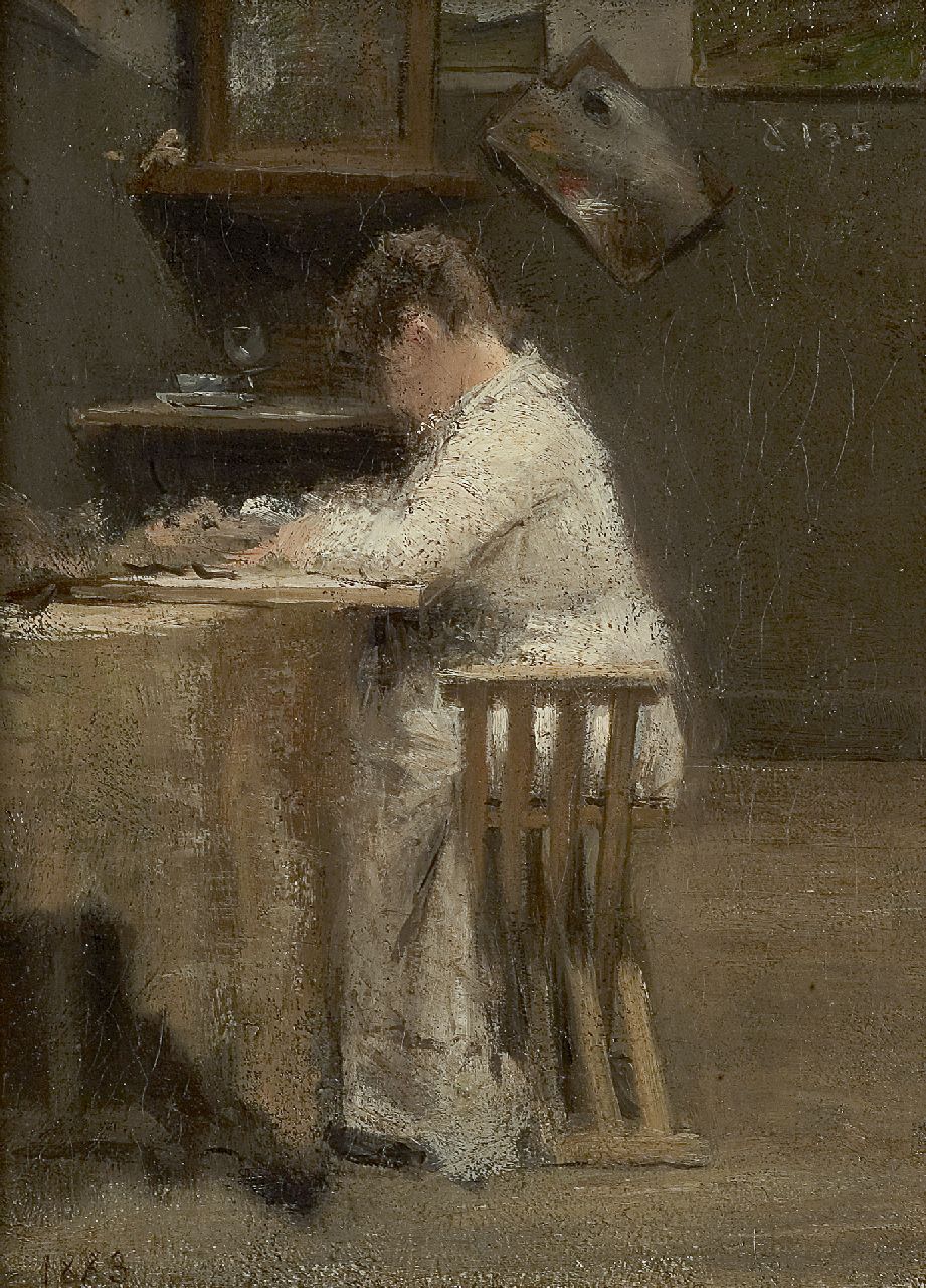 Toorop J.Th.  | Johannes Theodorus 'Jan' Toorop, Lesende Frau am Tisch, Öl auf Leinwand 37,2 x 28,0 cm, datiert 1883
