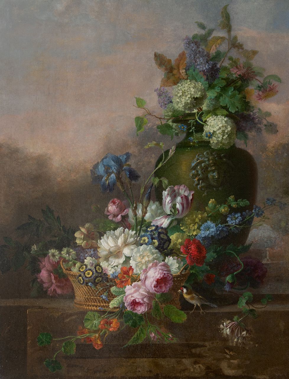 Leen W. van | Willem van Leen, Blumenstilleben mit Rosen, Tulpe, einer Iris und anderen Blumen, Öl auf Leinwand 116,2 x 90,8 cm, Unterzeichnet vage unterzeichnet