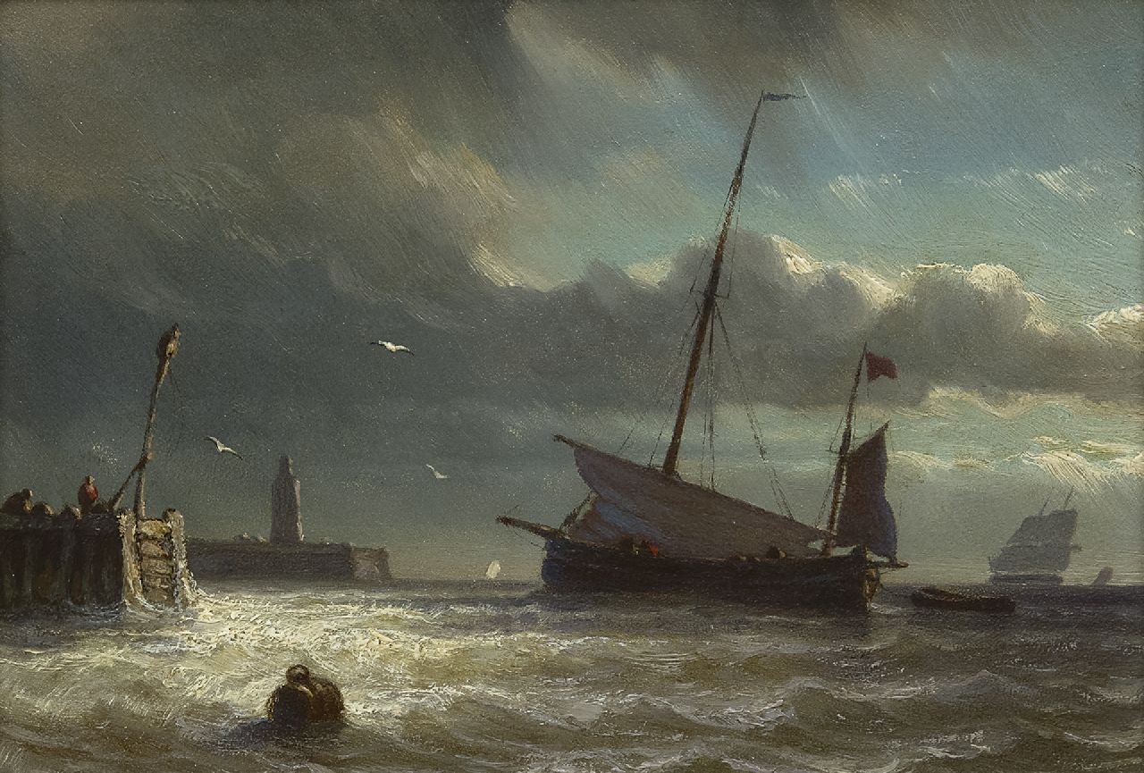 George Johannes Hoffmann | Fischerboot vor dem Hafeneingang, Öl auf Holz, 12,9 x 18,6 cm