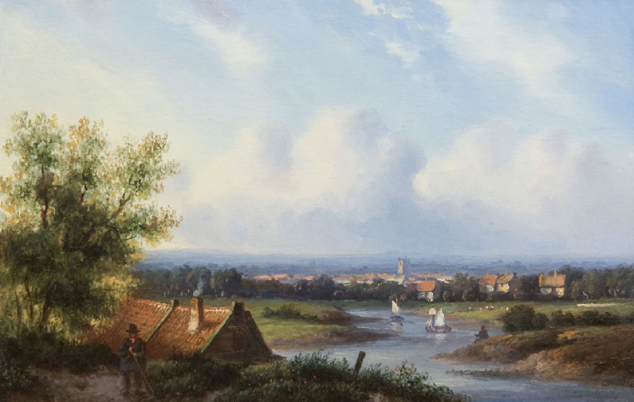 Ahrendts C.E.  | Carl Eduard Ahrendts, Sommerliche Flusslandschaft, Öl auf Holz 14,3 x 21,5 cm, Unterzeichnet u.r.