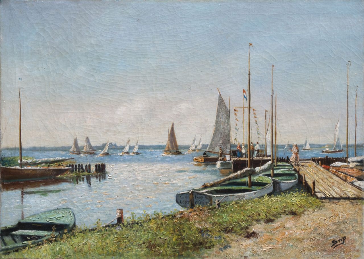 Pek H.W.J. van der | 'Hendrika' Wilhelmina Jacoba van der Pek, Segelboote am Bootssteg bei K. van Dijk, Loosdrecht, Öl auf Leinwand 50,3 x 70,3 cm, Unterzeichnet u.r. mit Initialen