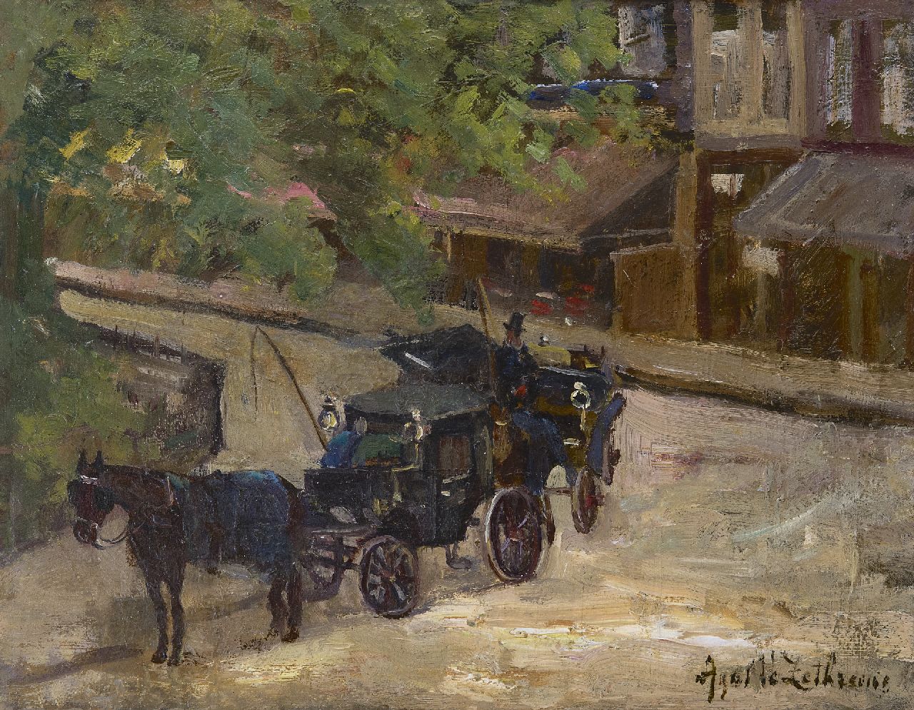 Agatha Zethraeus | Kutschen auf dem Rembrandtplatz, Amsterdam, Öl auf Holzfaser, 28,0 x 35,5 cm, Unterzeichnet u.r.