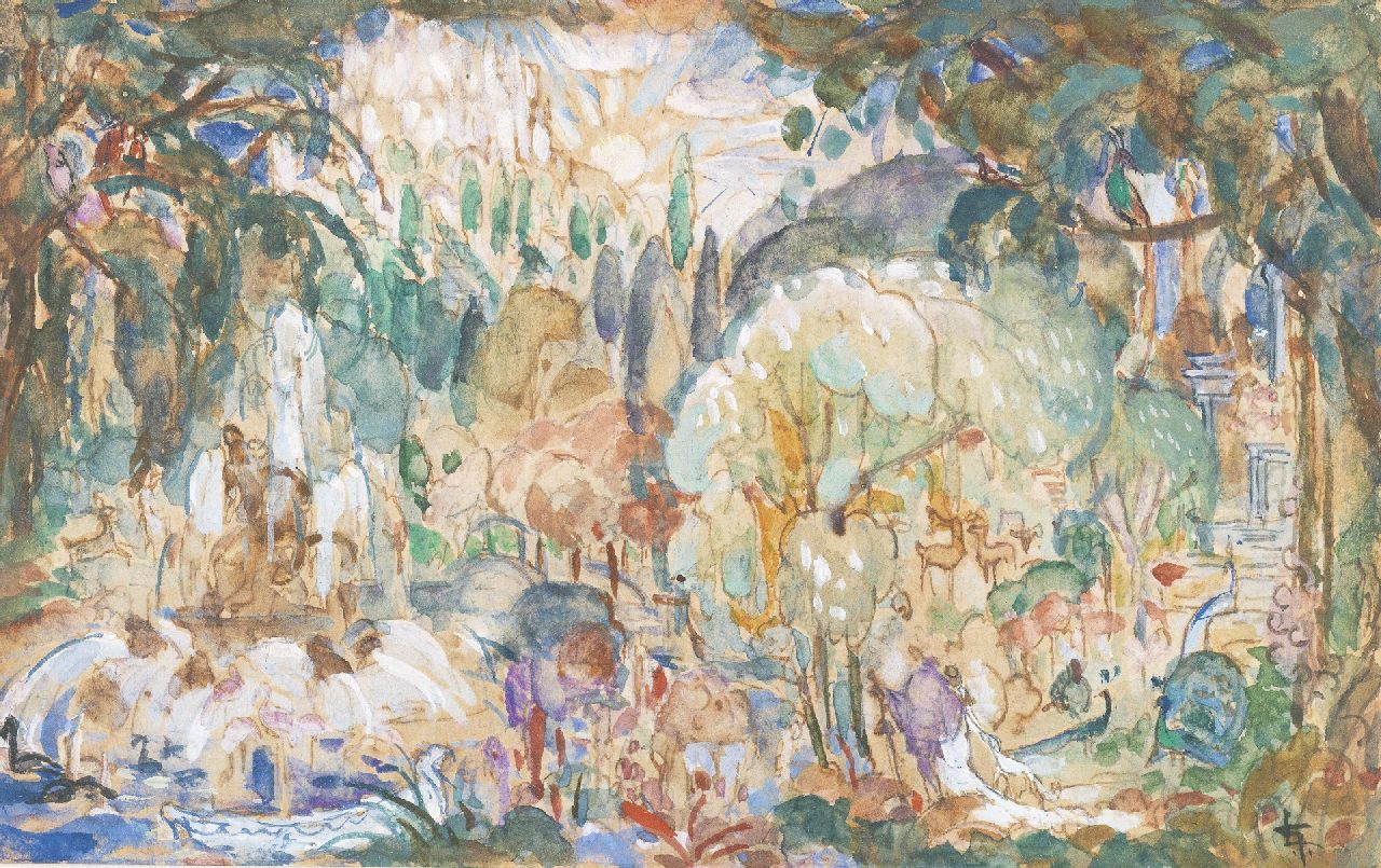 Gestel L.  | Leendert 'Leo' Gestel, Das Paradies, Aquarell und Gouache auf Papier 8,9 x 14,1 cm, Unterzeichnet u.r. mit Monogramm