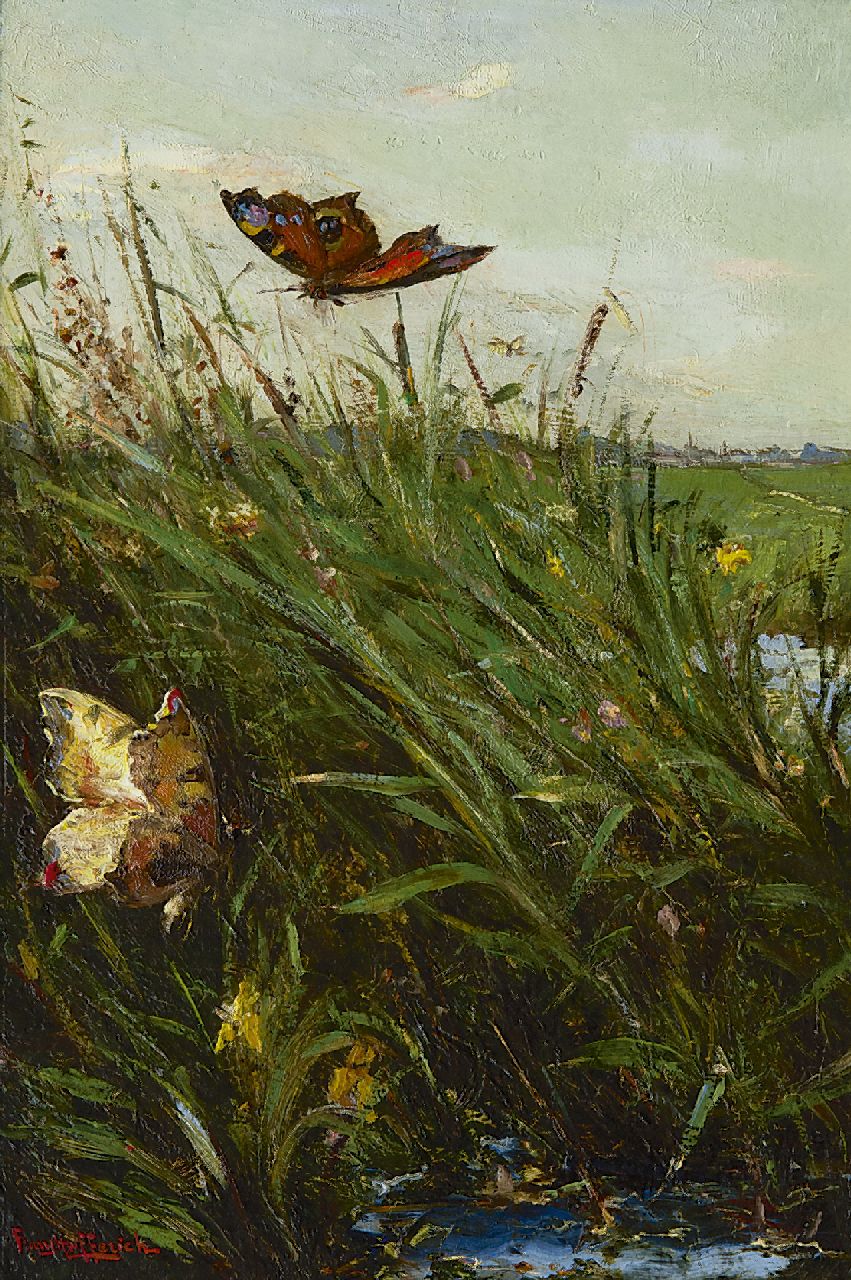 Helfferich F.W.  | Franciscus Willem 'Frans' Helfferich, Schmetterlinge im Schilfrohr, Öl auf Holz 29,8 x 20,0 cm, Unterzeichnet l.u.