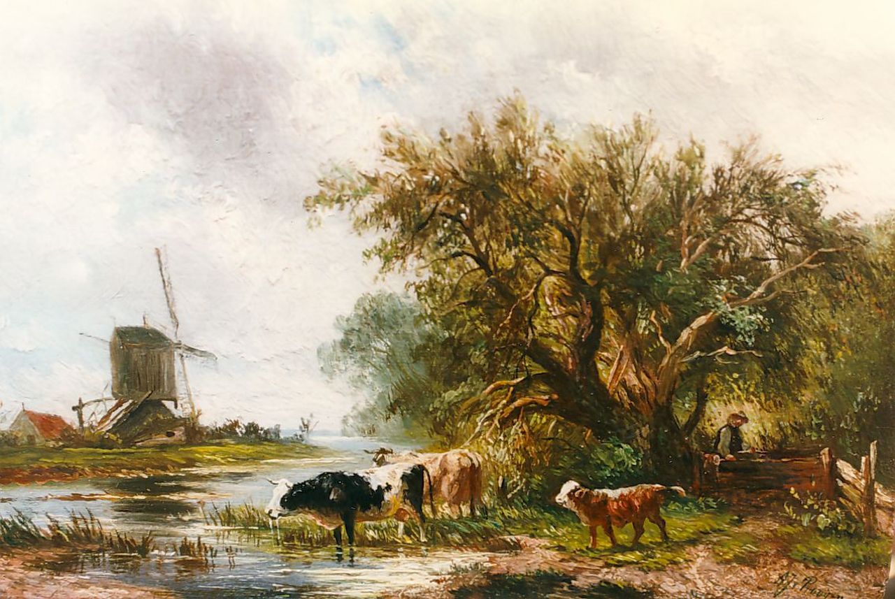 Prooijen A.J. van | Albert Jurardus van Prooijen, A river landscape with cows, Öl auf Holz 13,5 x 20,2 cm, signed l.r.