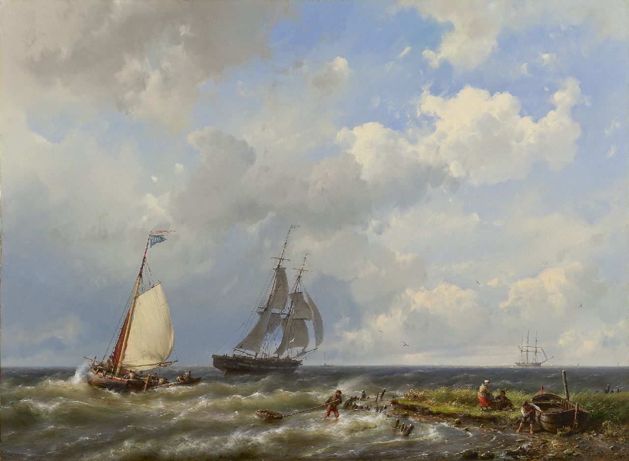 Koekkoek H.  | Hermanus Koekkoek, Kreuzende Tjalk und Brik vor der Küste, Öl auf Leinwand 55,6 x 75,4 cm, Unterzeichnet u.r. und datiert 1858