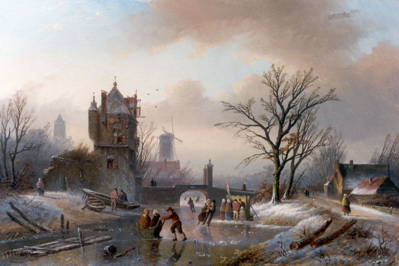 Spohler J.J.  | Jan Jacob Spohler, Skaters on a frozen waterway by a ruin, Öl auf Holz 22,3 x 33,5 cm, signed l.l.