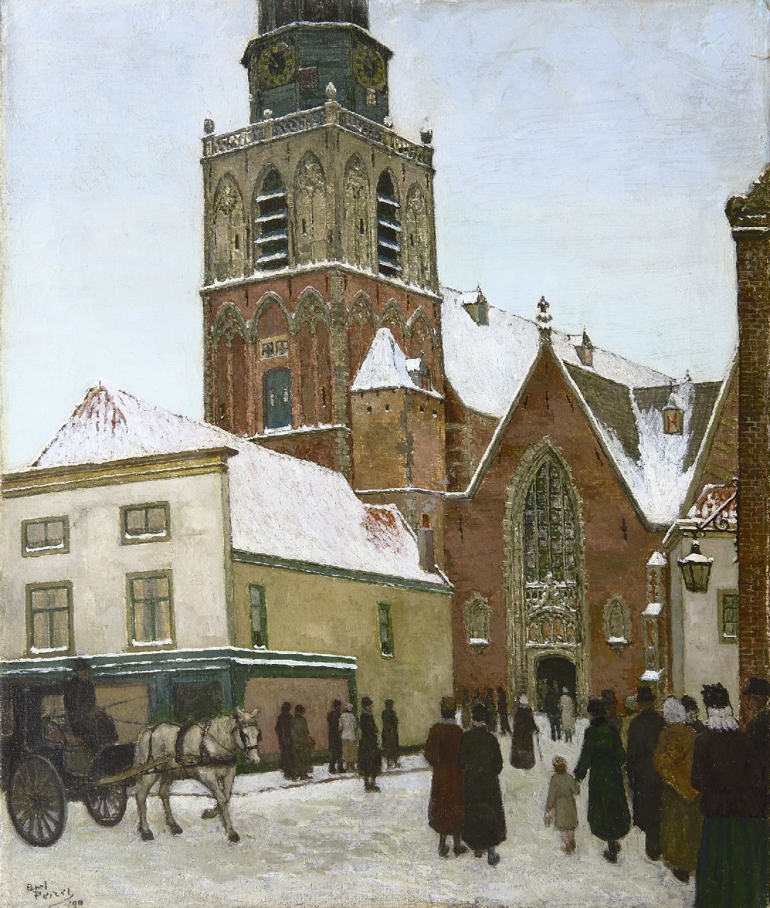 Peizel B.  | Bartele 'Bart' Peizel, Kirchgang im Schnee  (St. Janskerk, Gouda), Öl auf Leinwand 60,1 x 50,2 cm, Unterzeichnet u.l. und im Verso und datiert '40