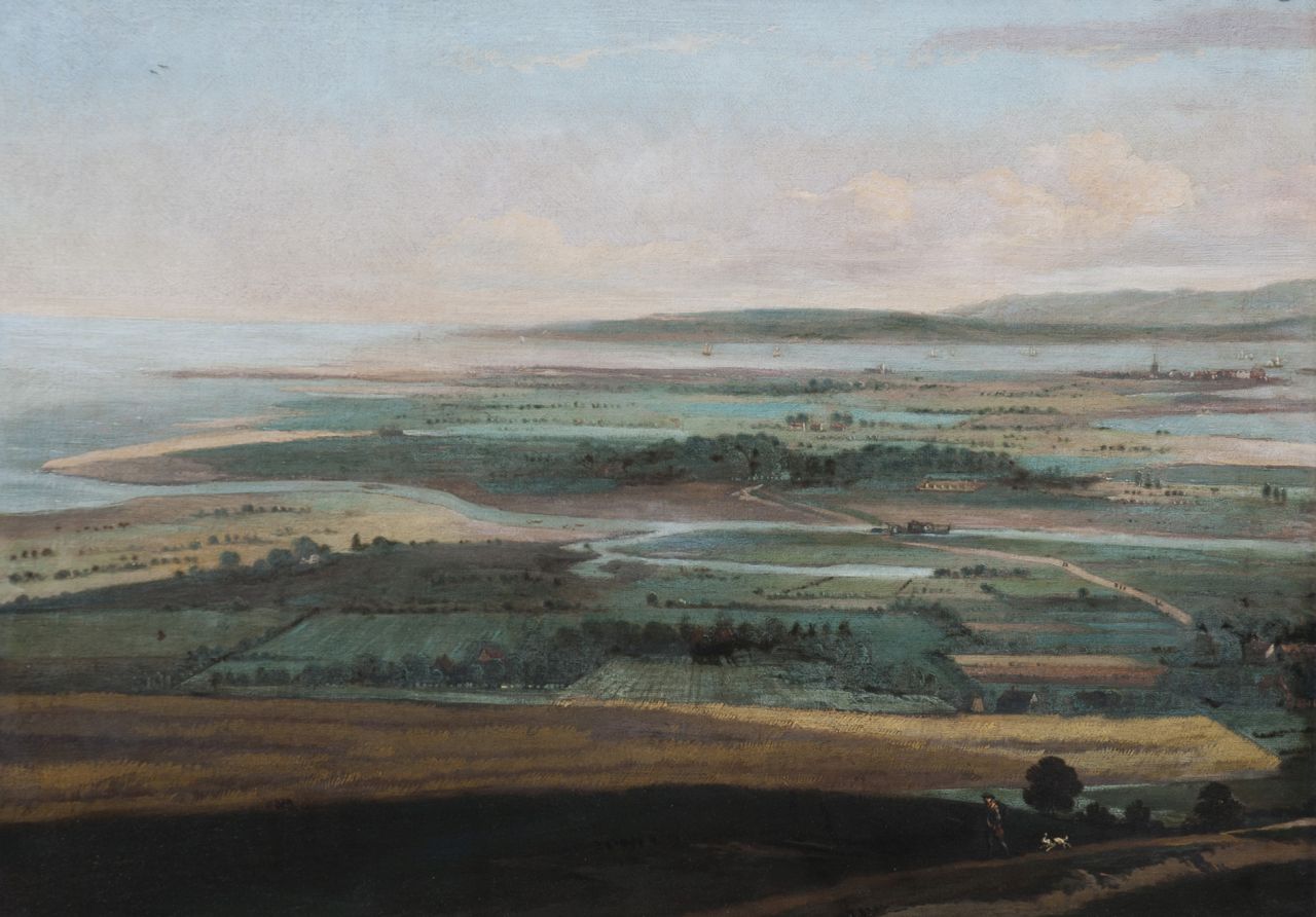 Haagen J.C. van der | Joris Cornelisz. van der Haagen, Panoramische Landschaft mit dem Meer im Hintergrund, vermutlich Falmouth (Süd England), Öl auf Leinwand 55,1 x 75,5 cm