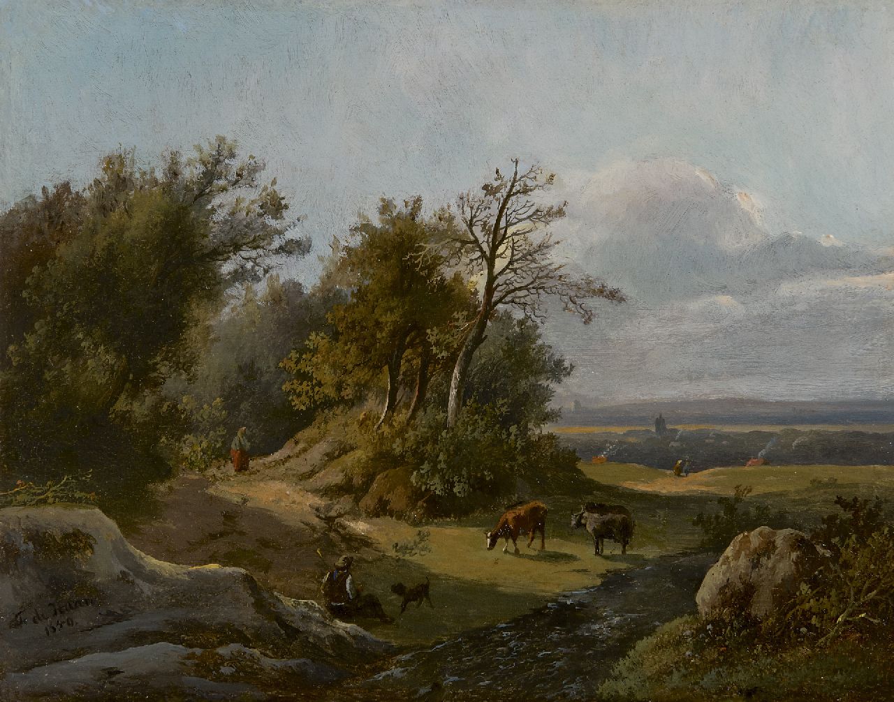 Haan F.A. de | Franciscus Antonius de Haan | Gemälde zum Verkauf angeboten | Hirt mit Vieh in einer sonnigen Hügellandschaft, Öl auf Holz 21,2 x 26,9 cm, Unterzeichnet u.l. und datiert 1850