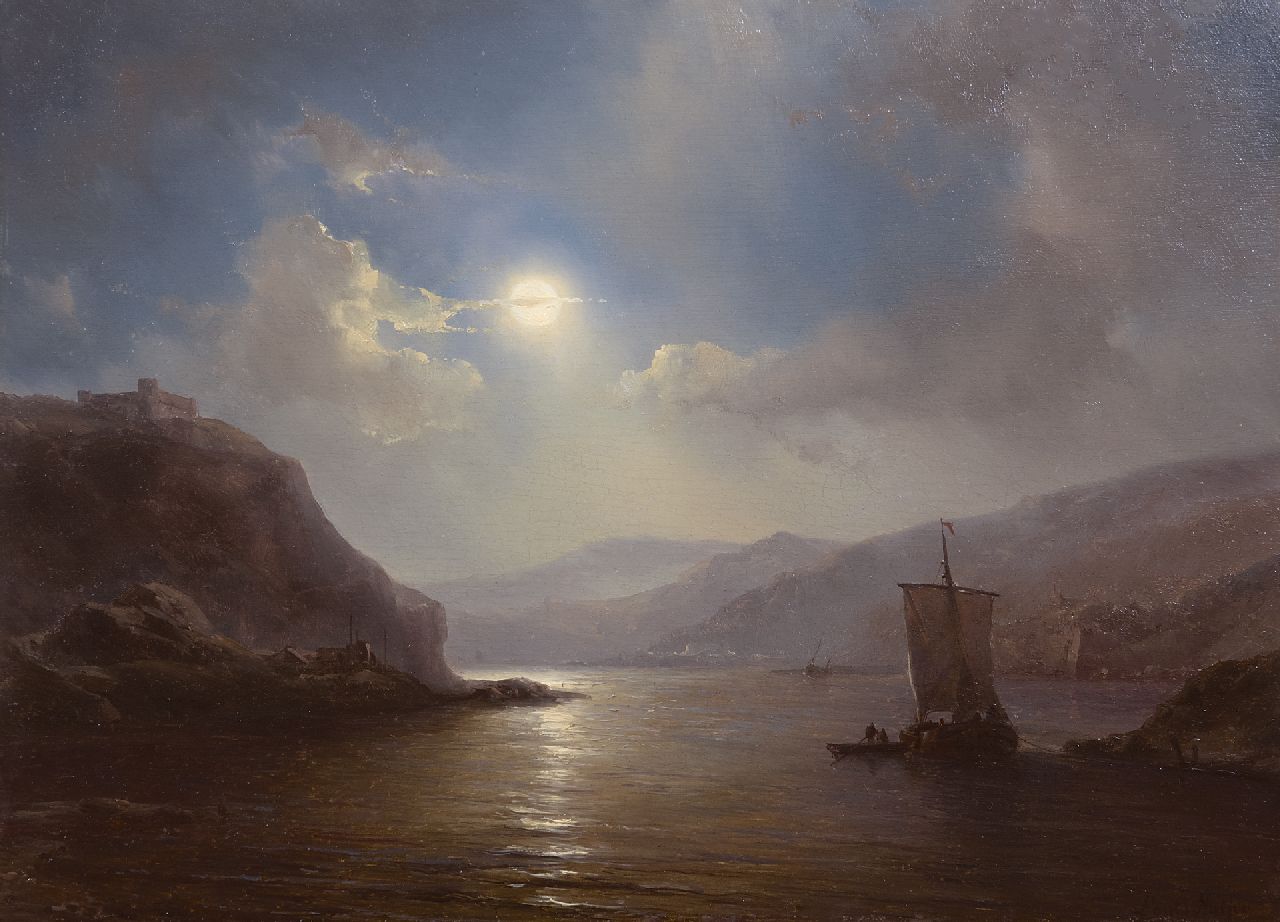 Meijer J.H.L.  | Johan Hendrik 'Louis' Meijer | Gemälde zum Verkauf angeboten | Fluss mit angelegtem Segelboot im Mondschein, Öl auf Holz 30,0 x 41,4 cm, Unterzeichnet u.r.