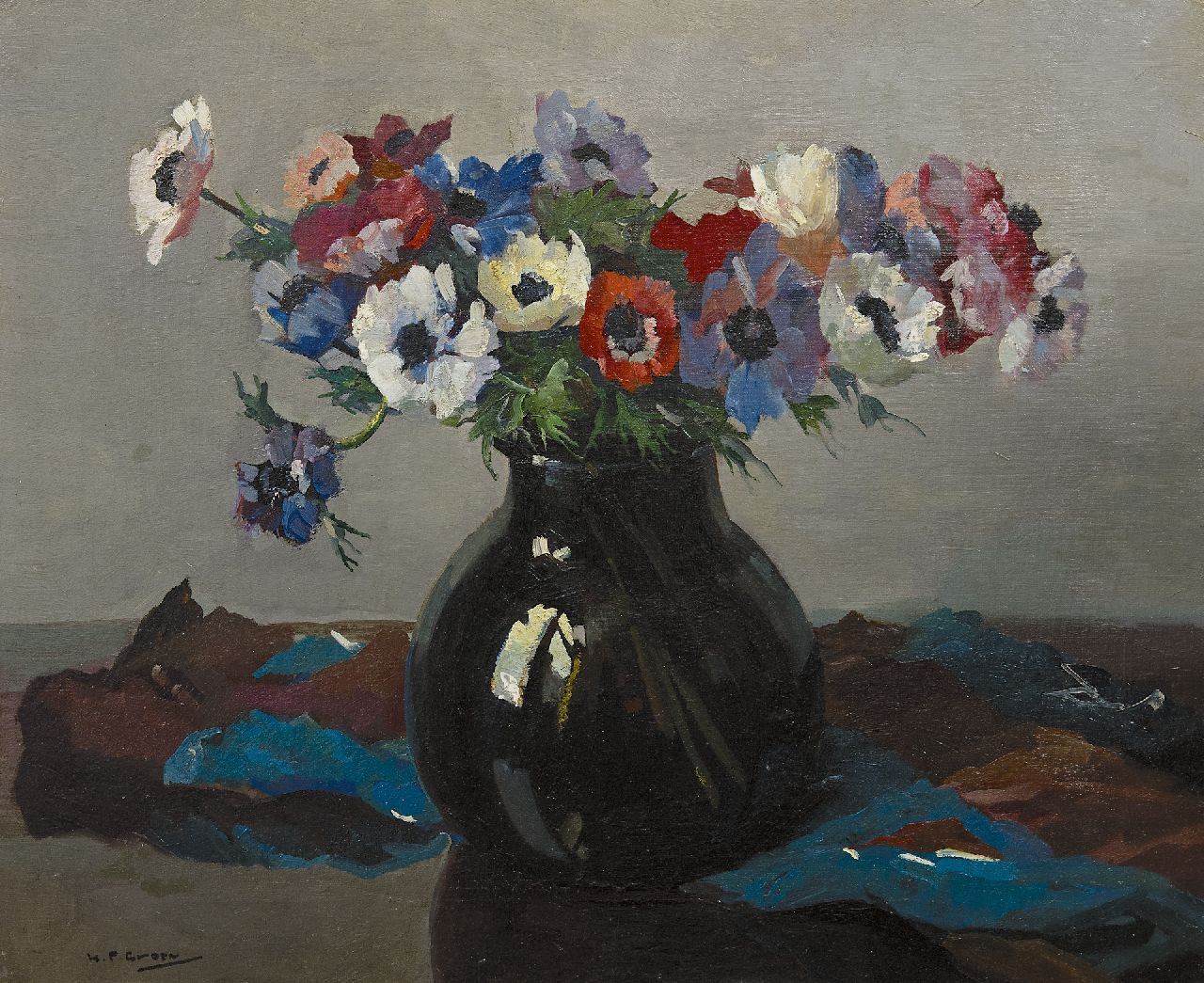 Groen H.P.  | Hendrik Pieter 'Piet' Groen, Anemonen in einer Vase, Öl auf Leinwand 45,0 x 55,1 cm, Unterzeichnet u.l.