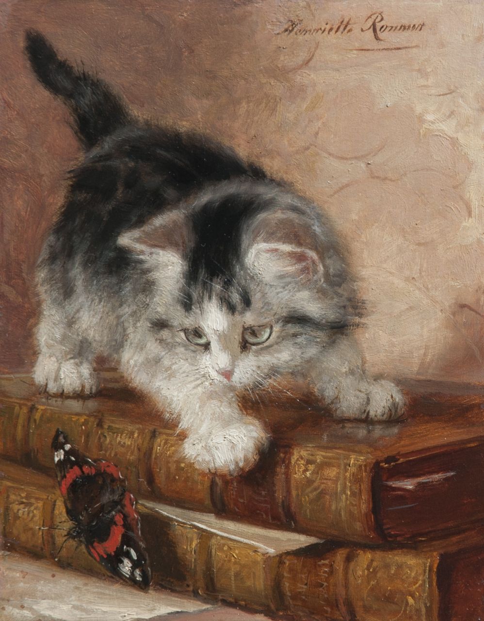 Ronner-Knip H.  | Henriette Ronner-Knip, Spielendes Kätzchen mit einem Schmetterling, Öl auf Holz 22,0 x 17,3 cm, Unterzeichnet r.o. und zu datieren ca. 1887