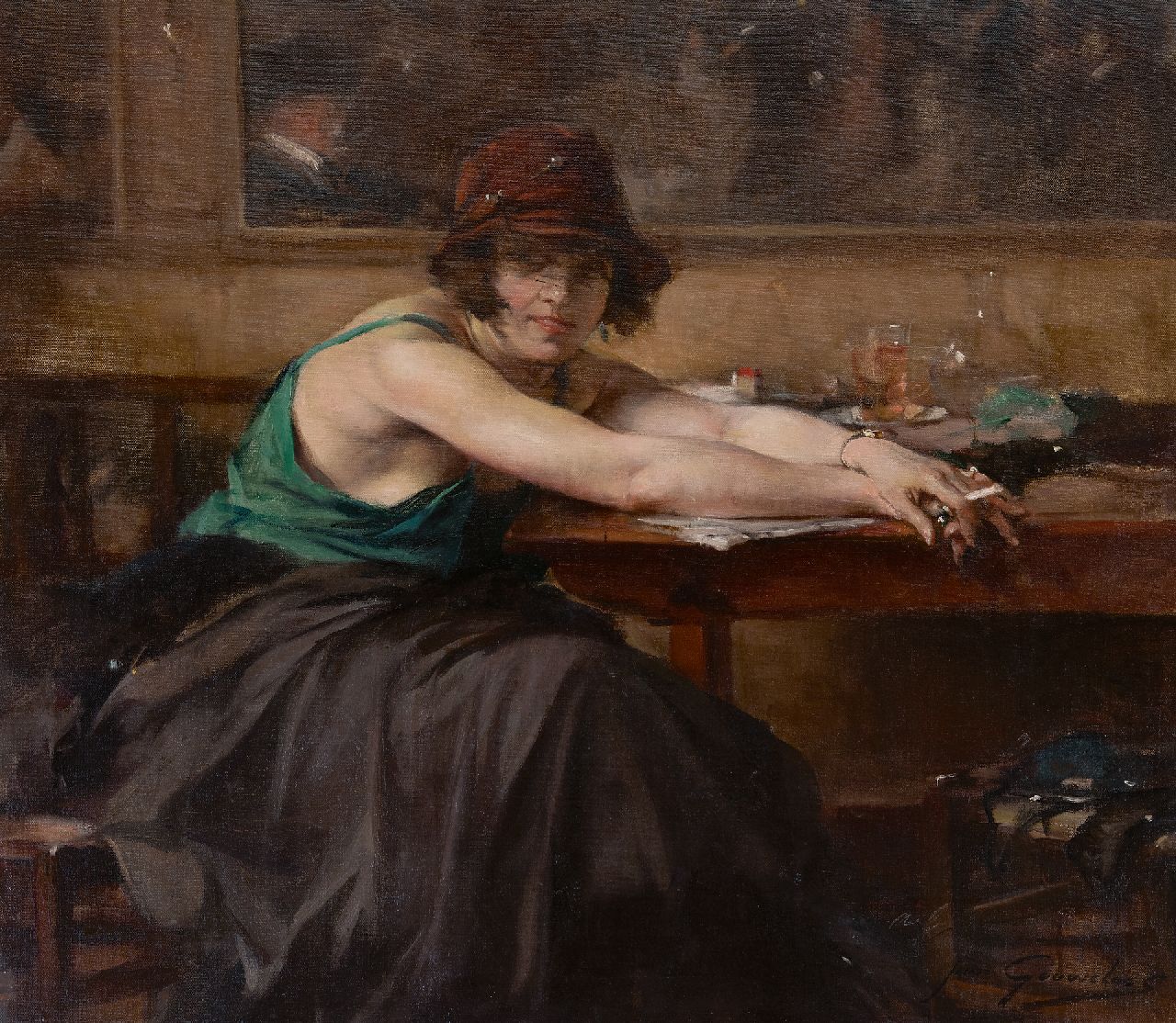 Gouweloos J.L.H.  | 'Jean' Léon Henri Gouweloos, Frau am Café Tisch, Öl auf Leinwand 70,5 x 80,4 cm, Unterzeichnet u.r.