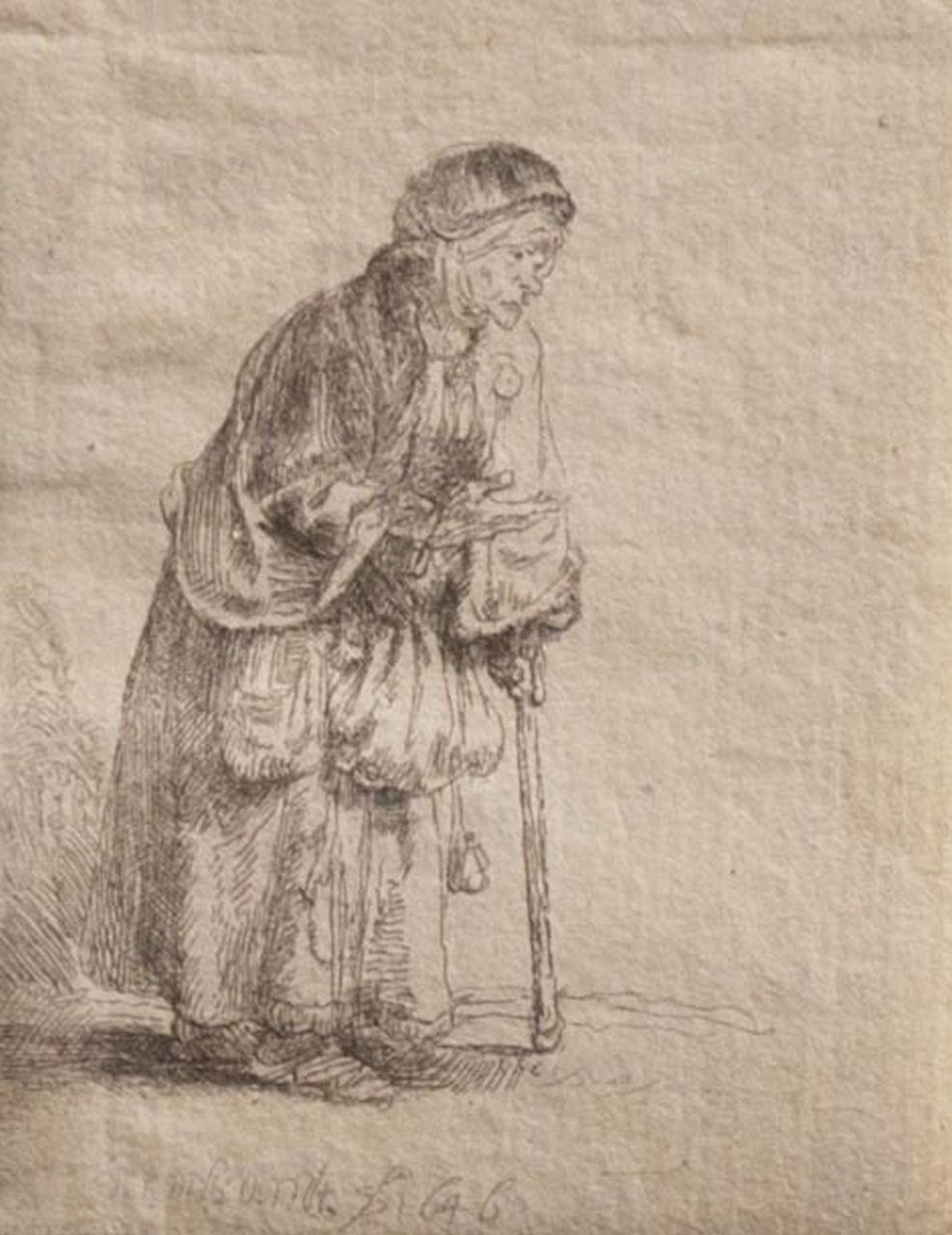 Rembrandt (Rembrandt Harmensz. van Rijn)   | Rembrandt (Rembrandt Harmensz. van Rijn), Bettlerin mit Stock, Radierung 8,0 x 6,3 cm, Unterzeichnet M.u in der Platte und datiert 1646 in der Platte