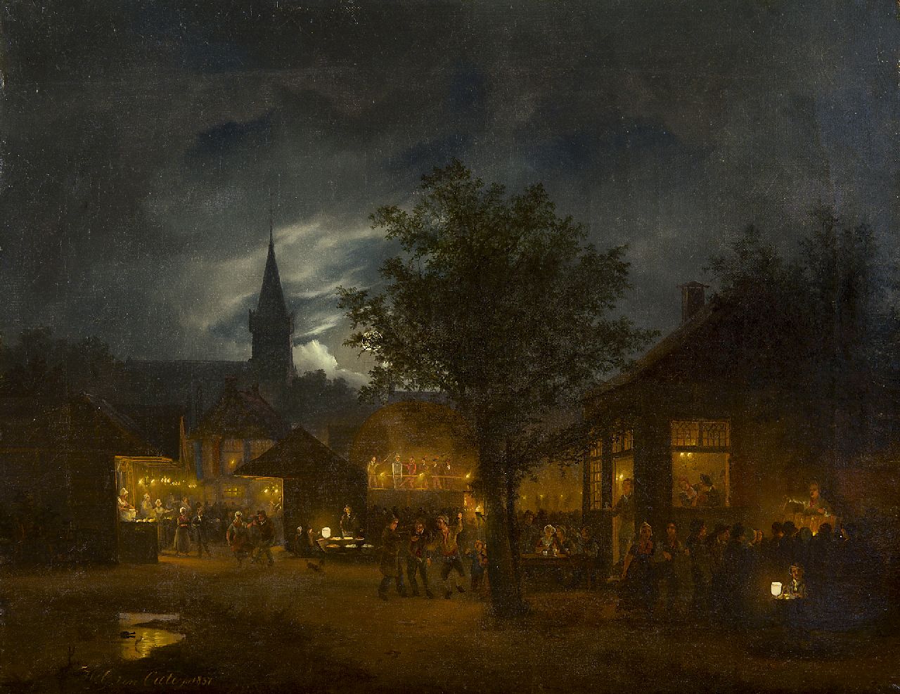 Cate H.G. ten | Hendrik Gerrit ten Cate, Jahrmarkt bei Mondschein, Öl auf Leinwand 33,4 x 43,0 cm, Unterzeichnet l.u. und datiert 1837