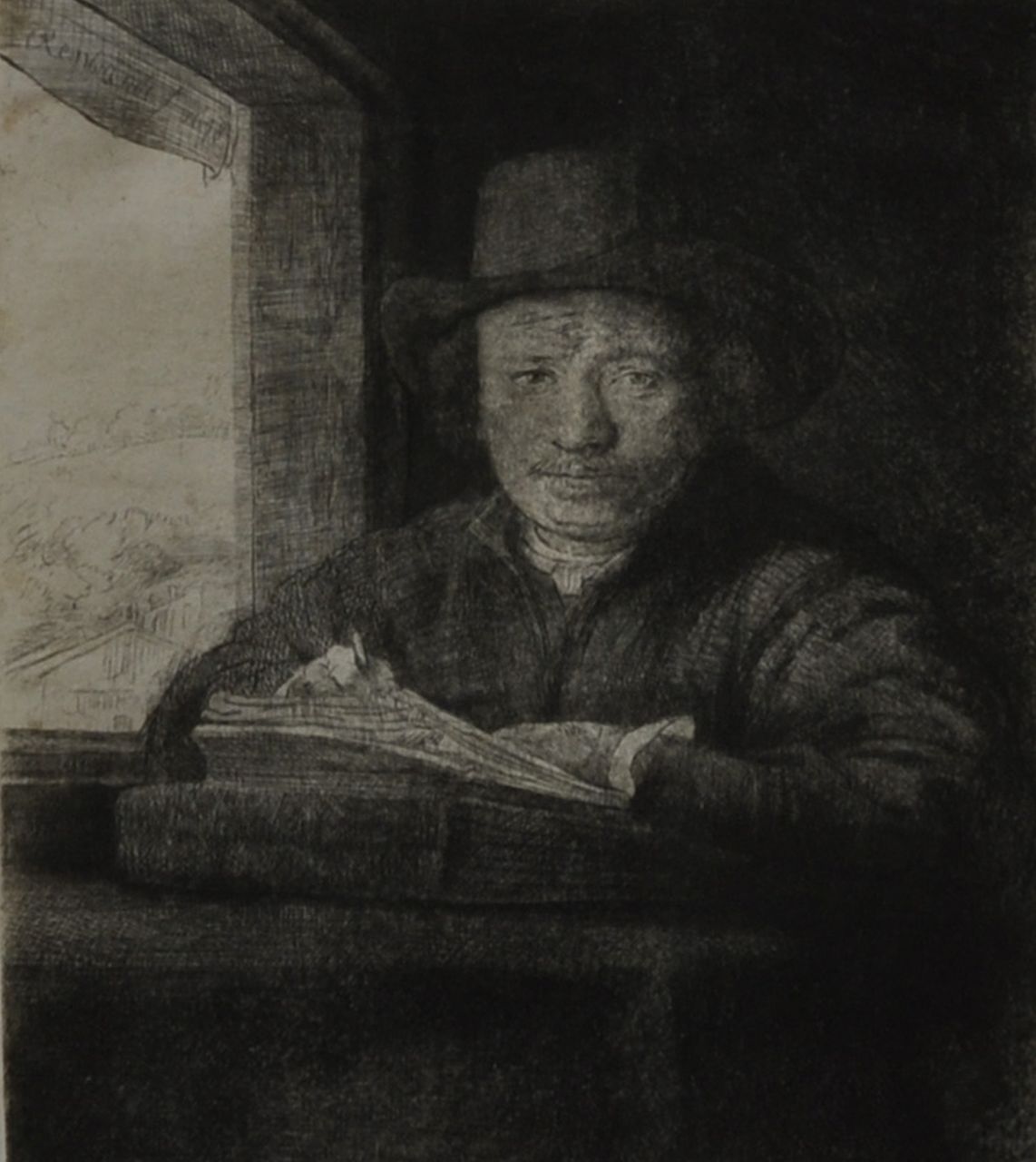 Rembrandt (Rembrandt Harmensz. van Rijn)   | Rembrandt (Rembrandt Harmensz. van Rijn), Selbstporträt als Radierer am Fenster, Radierung und Kaltnadelradierung auf Papier 15,8 x 12,9 cm, Unterzeichnet u.l. in der Platte und datiert 1648 in der Platte