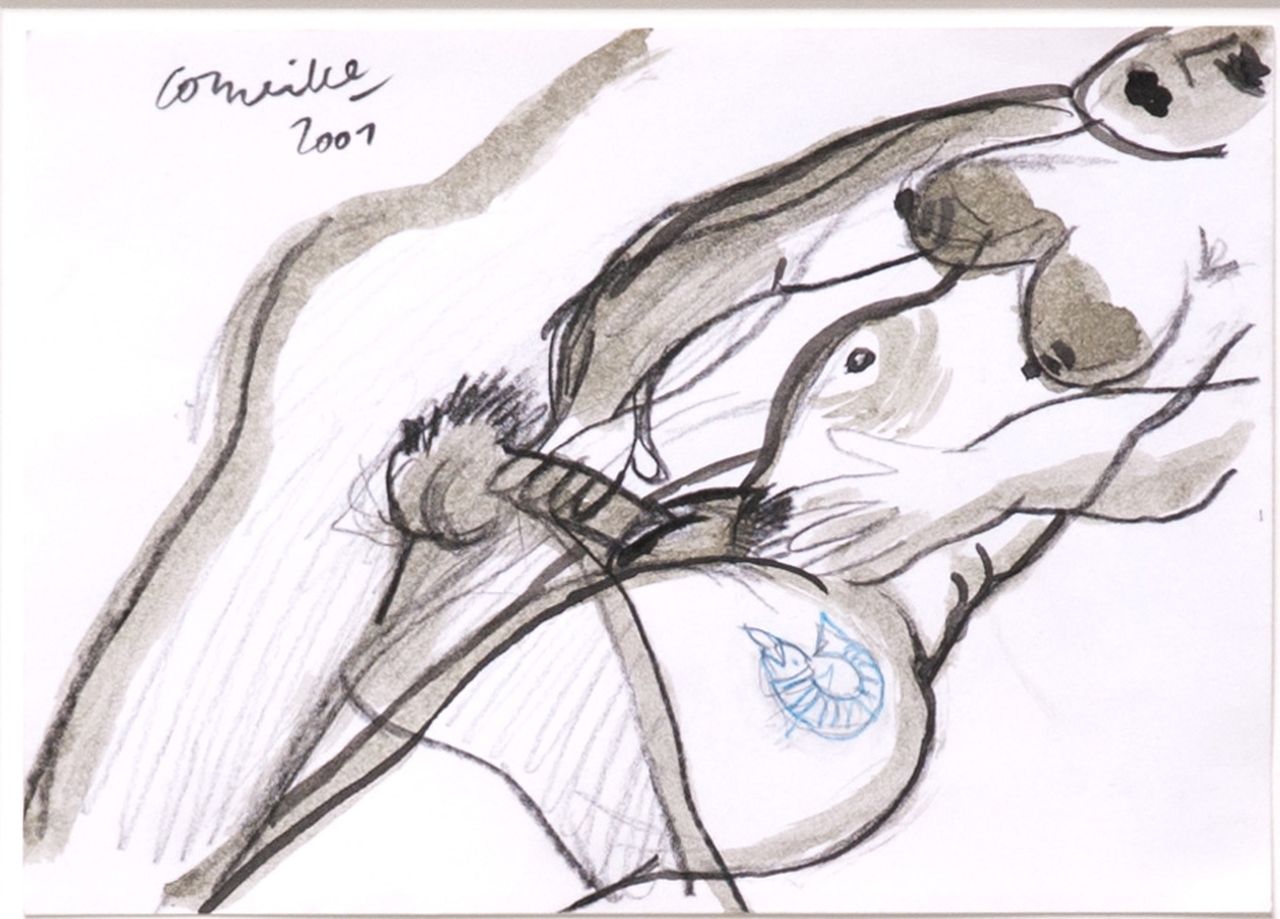 Corneille ('Corneille' Guillaume Beverloo)   | Corneille ('Corneille' Guillaume Beverloo) | Aquarelle und Zeichnungen zum Verkauf angeboten | Faire l'amour, Tinte, Kreide und Aquarell auf Papier 14,8 x 20,7 cm, Unterzeichnet o.l. und datiert 2001