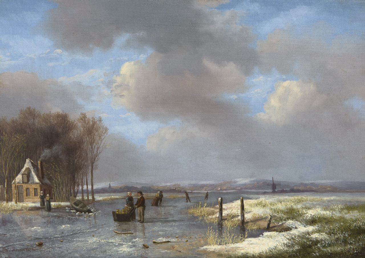 Roosenboom N.J.  | Nicolaas Johannes Roosenboom, Winterliche Flusslandschaft, Öl auf Holz 21,4 x 30,6 cm, Unterzeichnet u.l.