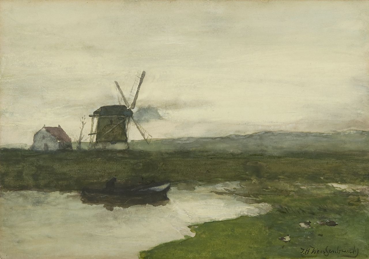 Weissenbruch H.J.  | Hendrik Johannes 'J.H.' Weissenbruch, Holländische Landschaft mit Windmühle, Aquarell auf Papier 34,5 x 49,6 cm, Unterzeichnet u.r. und zu datieren ca. 1900