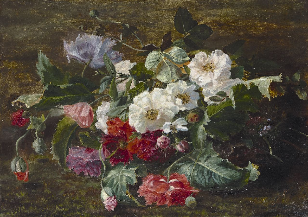 Hollandse School, 19e eeuw   | Hollandse School, 19e eeuw | Gemälde zum Verkauf angeboten | Rosen und Klatschmohn am Waldboden, Öl auf Leinwand 45,0 x 62,8 cm, Unterzeichnet u.r. und datiert 1866