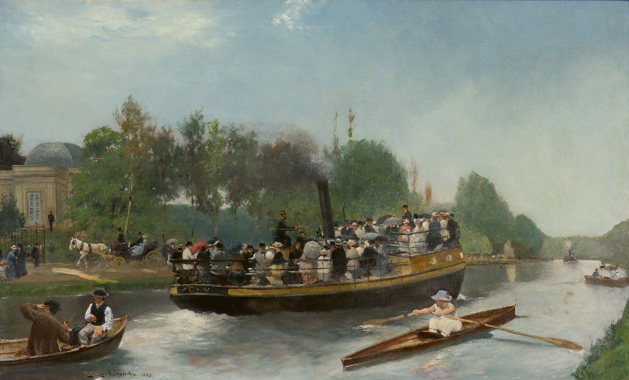 Hoeterickx E.  | Emile Hoeterickx | Gemälde zum Verkauf angeboten | Auf dem Wasser zwischen Laken und Park 'Drie Fonteine' bei Vilvoorde, Belgien, Öl auf Leinwand 52,5 x 85,0 cm, Unterzeichnet u.l. und datiert 1883