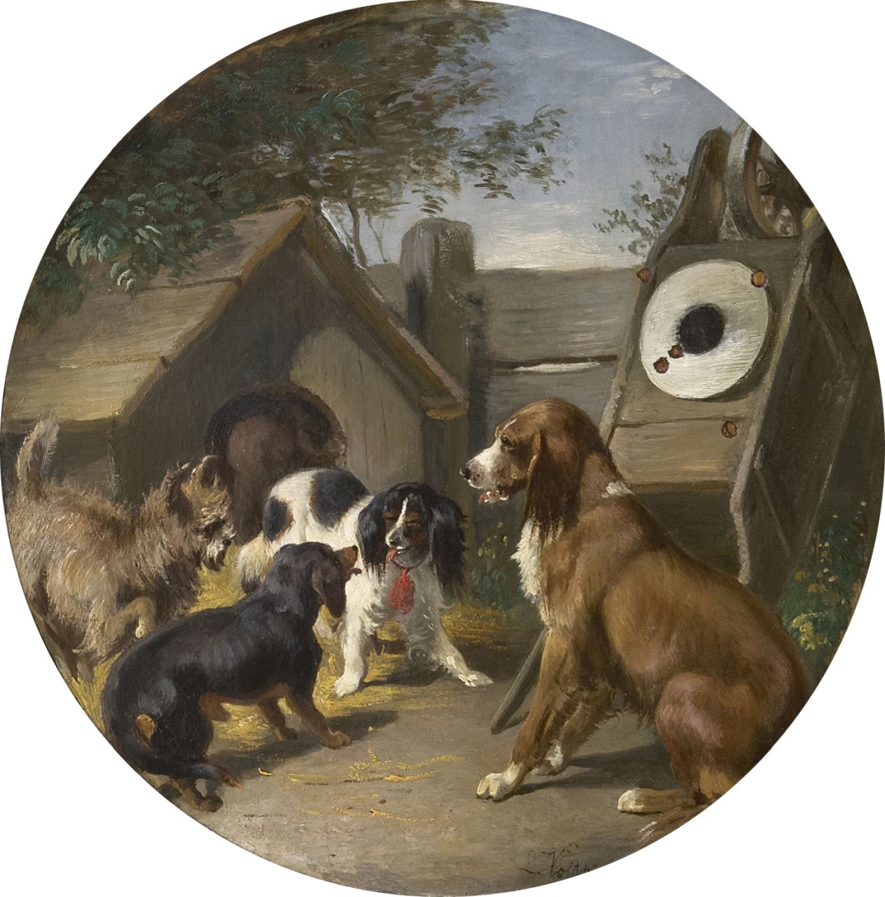 Voltz L.G.  | 'Ludwig' Gustav Voltz, Vier Hunde vor einer Hütte, Öl auf Papier auf Holz 24,8 x 24,6 cm, Unterzeichnet r.u.