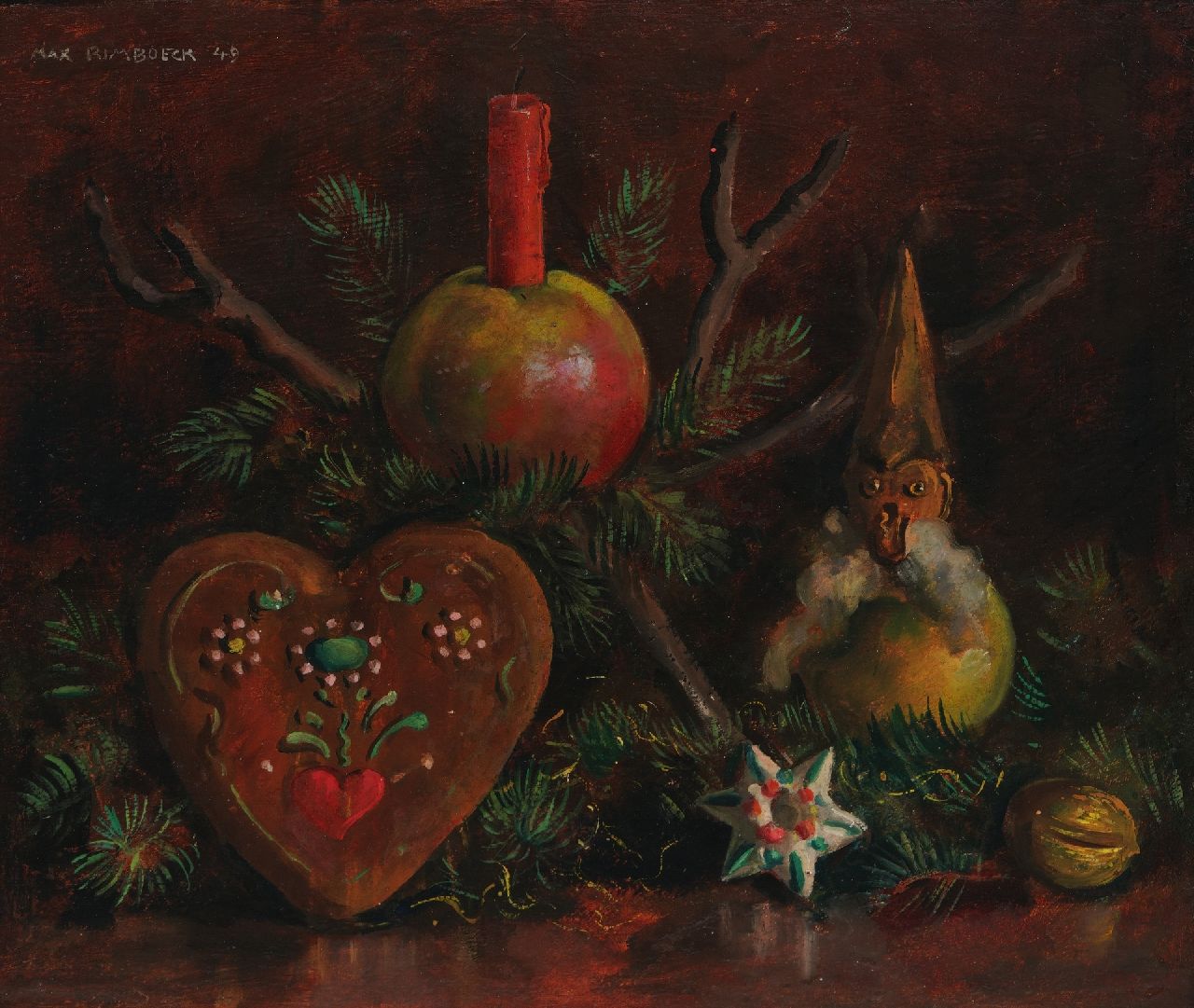 Rimböck M.  | Max Rimböck | Gemälde zum Verkauf angeboten | Weihnachtsstilleben, Öl auf Malereifaser 29,4 x 35,3 cm, Unterzeichnet o.l. und datiert '49