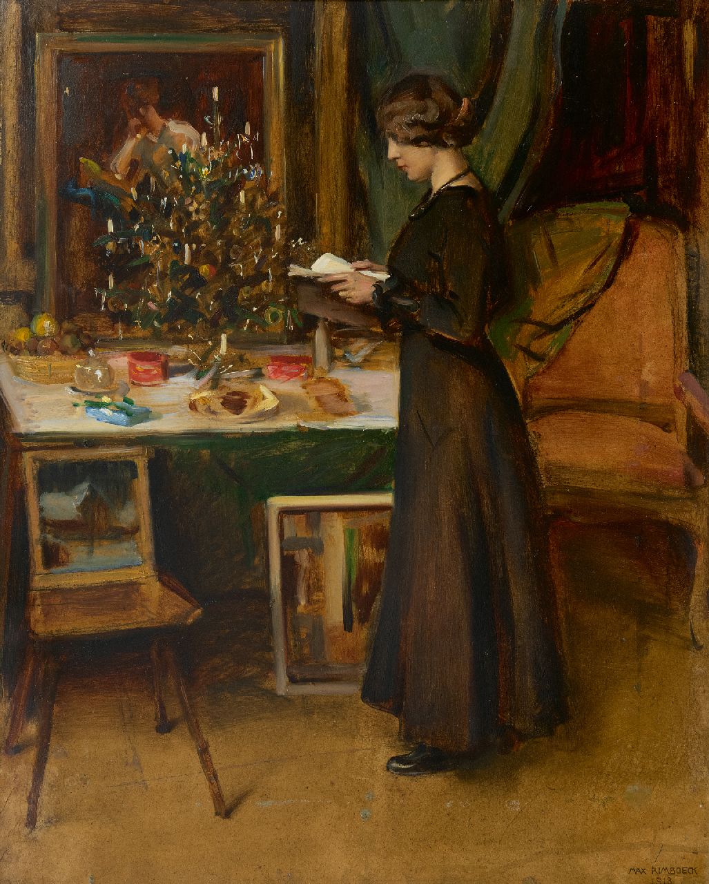 Rimböck M.  | Max Rimböck, Junge Frau vor dem Weihnachtsbaum, Öl auf Malereifaser 63,2 x 51,1 cm, Unterzeichnet u.r. und datiert 1918