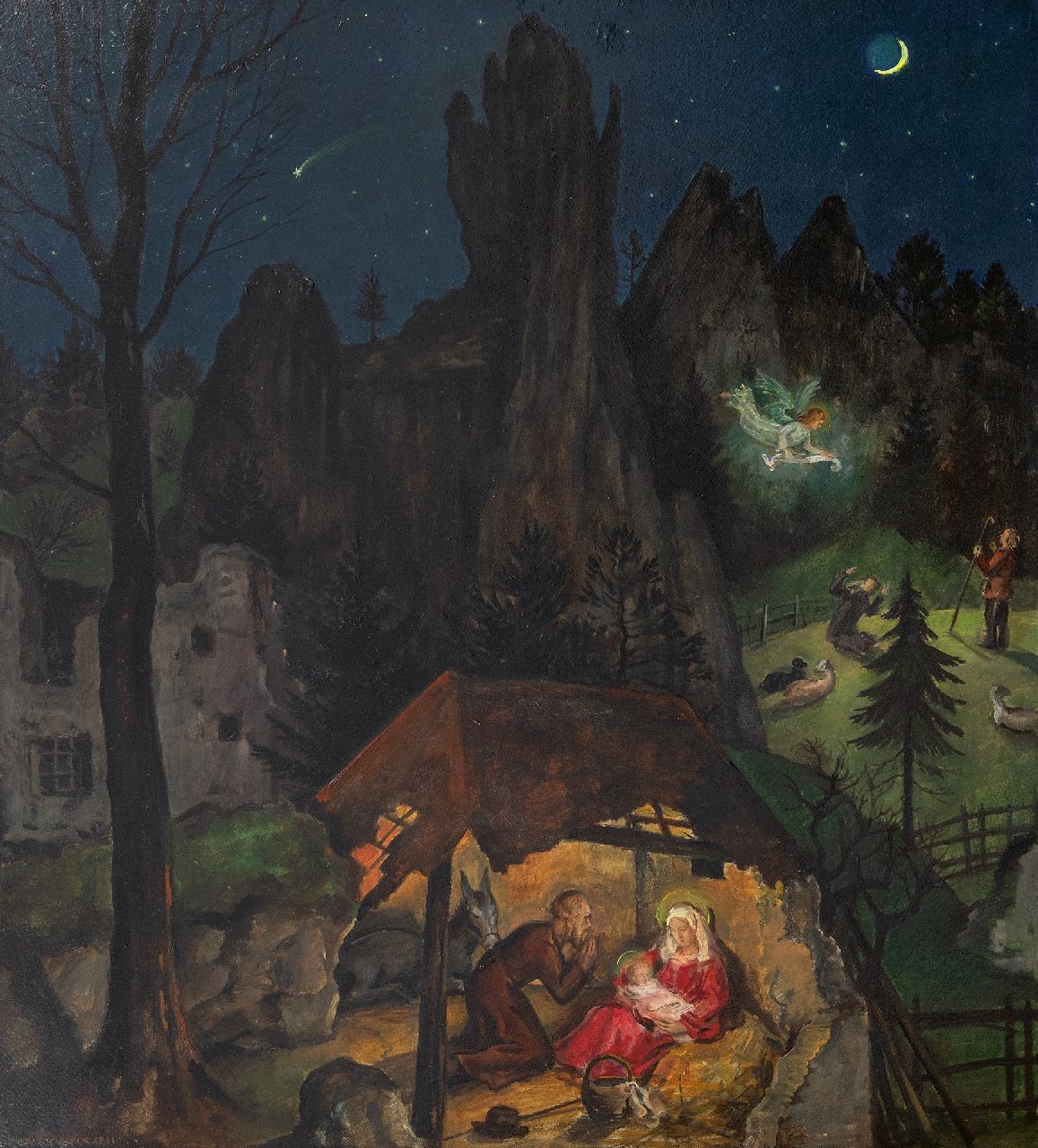Rimböck M.  | Max Rimböck | Gemälde zum Verkauf angeboten | Der Geburt Christi, Öl auf Malereifaser 73,5 x 66,0 cm, Unterzeichnet u.l. und datiert 1931