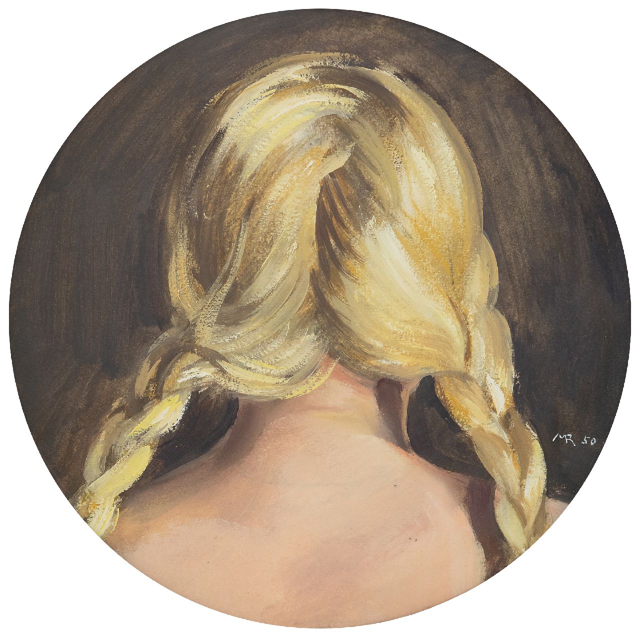 Rimböck M.  | Max Rimböck | Gemälde zum Verkauf angeboten | Mädchenkopf in Rückenansicht mit blonden Zöpfen, Öl auf Papier 21,0, Unterzeichnet u.r. mit Monogramm und datiert '50
