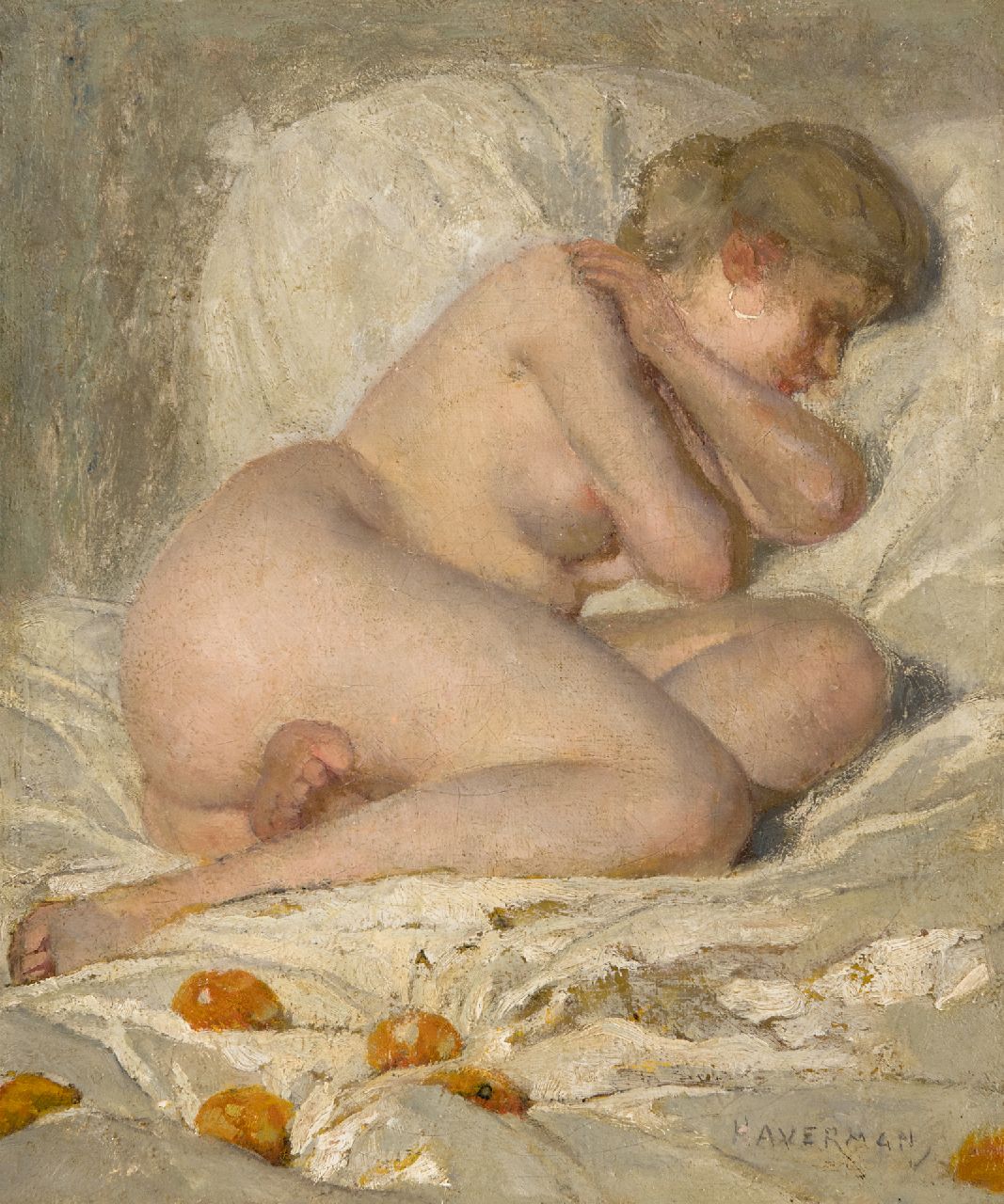 Haverman H.J.  | Hendrik Johannes Haverman | Gemälde zum Verkauf angeboten | Schlafender weiblicher Akt, Öl auf Leinwand 30,5 x 25,7 cm, Unterzeichnet u.r.