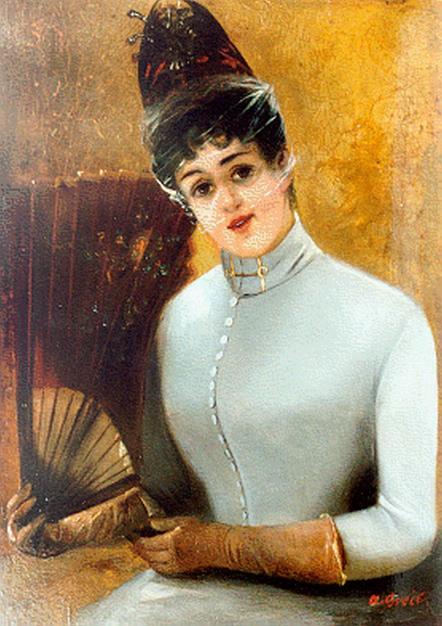 Greil A.  | Alois Greil, An Elegant Lady with a Fan, Öl auf Holz 35,4 x 25,5 cm, signed l.r.