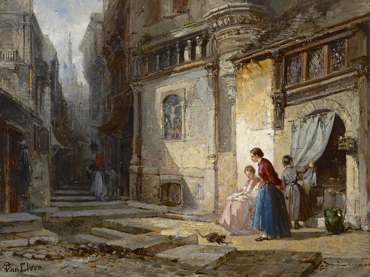 Pierre Tetar van Elven | Ein Blick auf das alte Mailand mit dem Dom in der Ferne, Öl auf Leinwand, 24,6 x 32,5 cm, Unterzeichnet u.l.